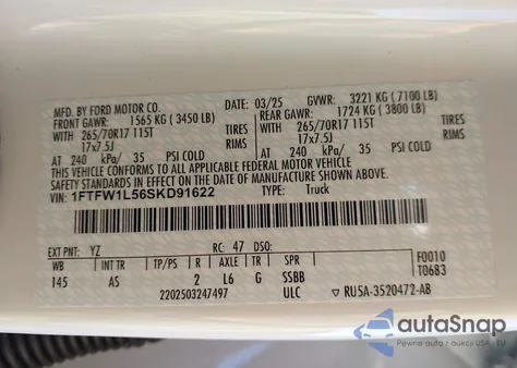 2025 Ford F-150 Xl z USA, uszkodzony, nr VIN 1FTFW1L56SKD91622